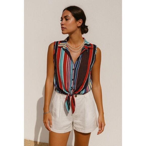 Perseption Womens Blue Striped Sleeveless Collared‎ VNeck Button Top sz L Beachy - Picture 1 of 4